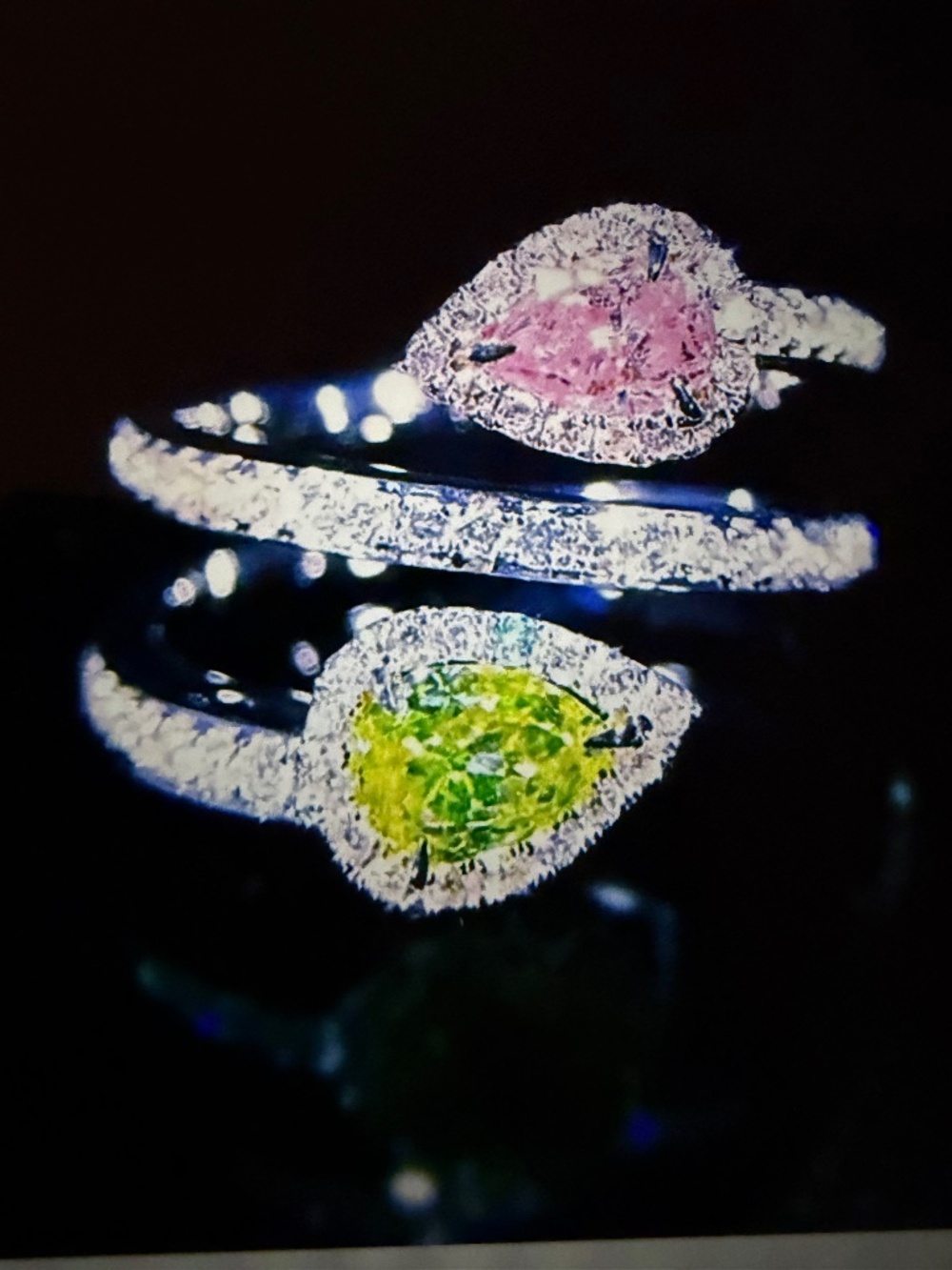 Pink Morganite, Peridot and  Moissanite Dual Teardrop Ring: White Gold/Silver